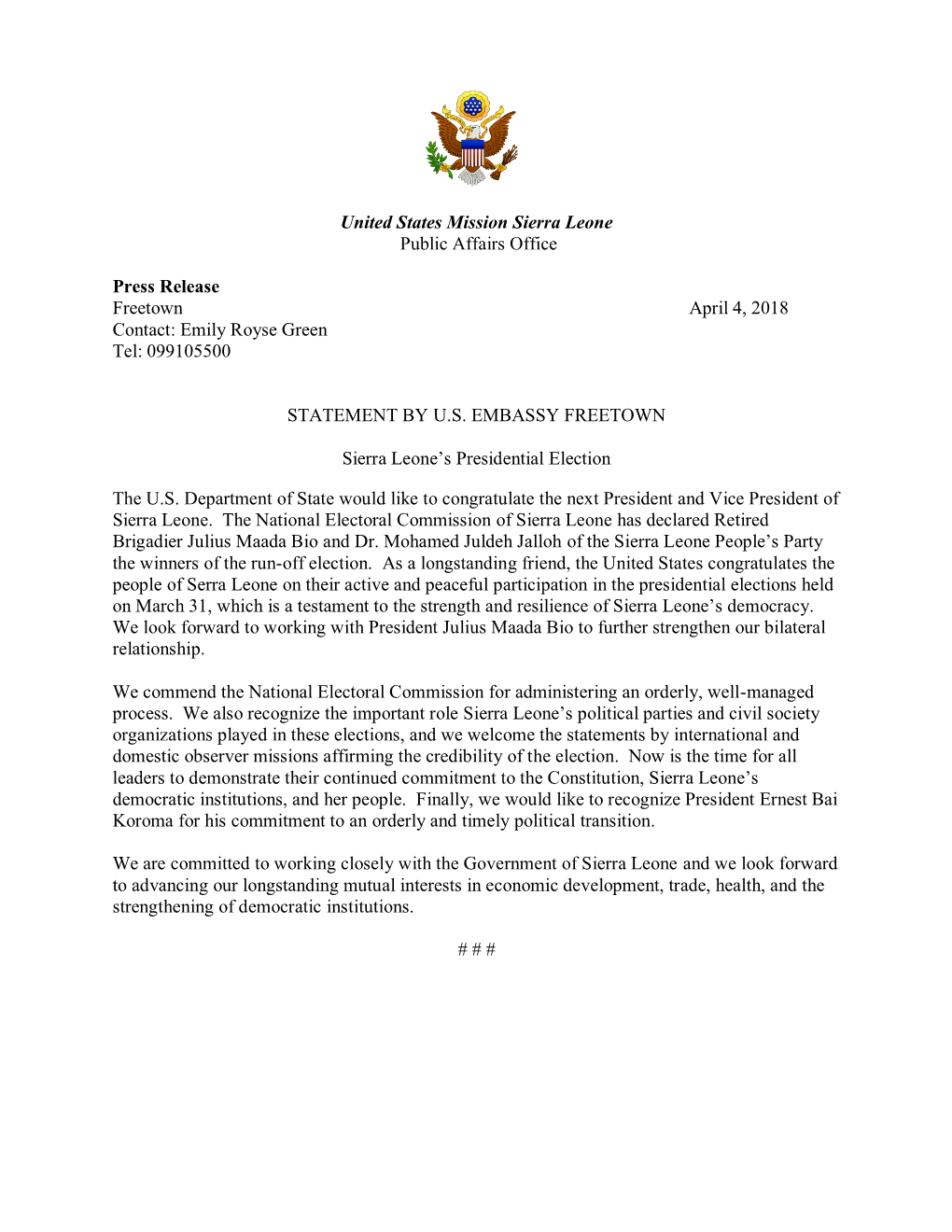 Press Release Siera Leone Election Statement from U.S. Embassy