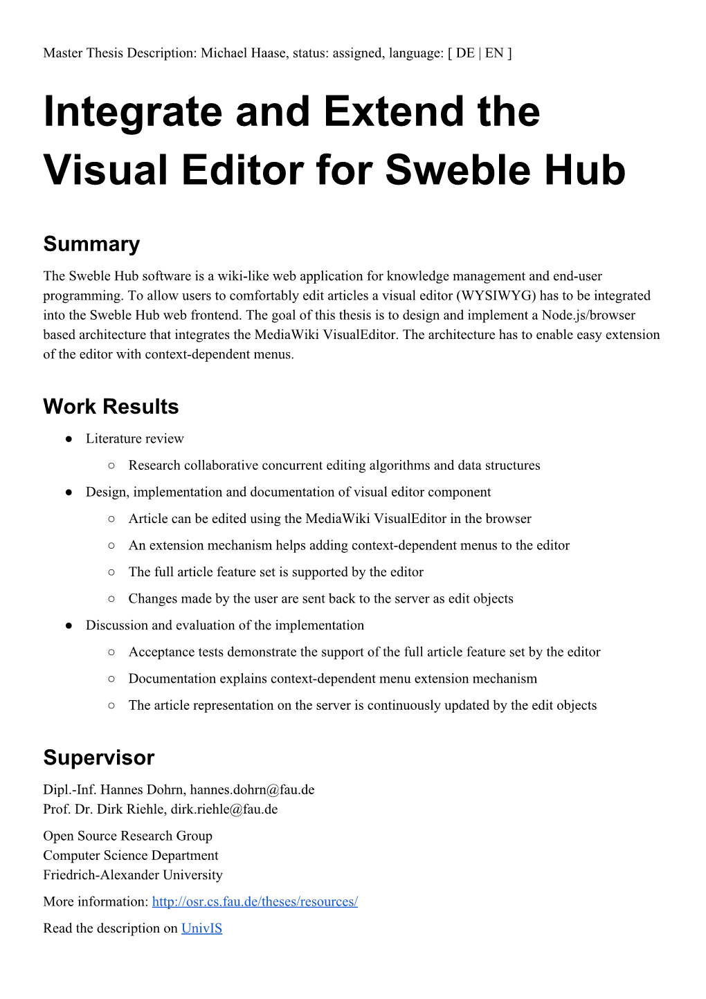 Integrate and Extend the Visual Editor for Sweble Hub