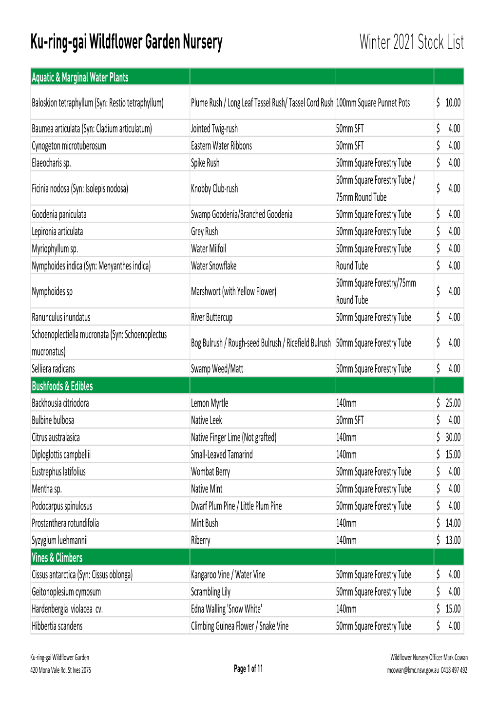 Ku-Ring-Gai Wildflower Garden Nursery Winter 2021 Stock List