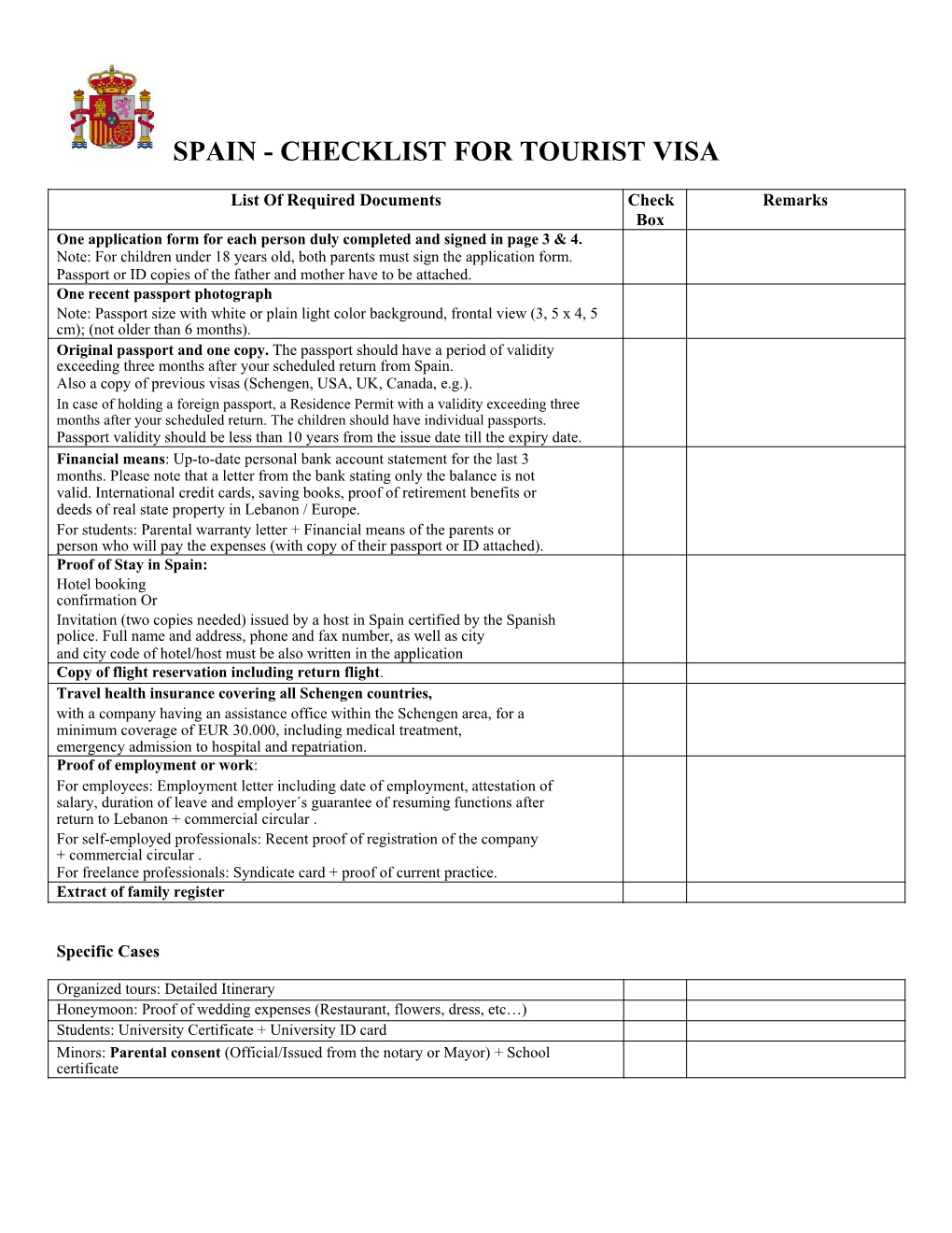 Spain - Checklist for Tourist Visa