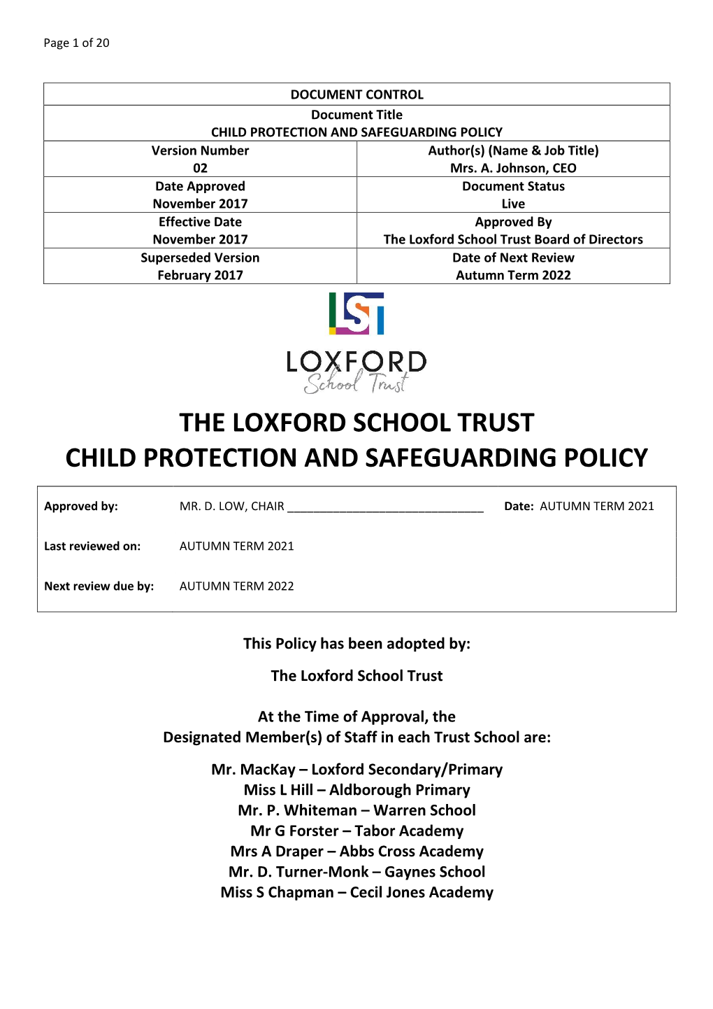 The Loxford School Trust Child Protection and Safeguarding Policy