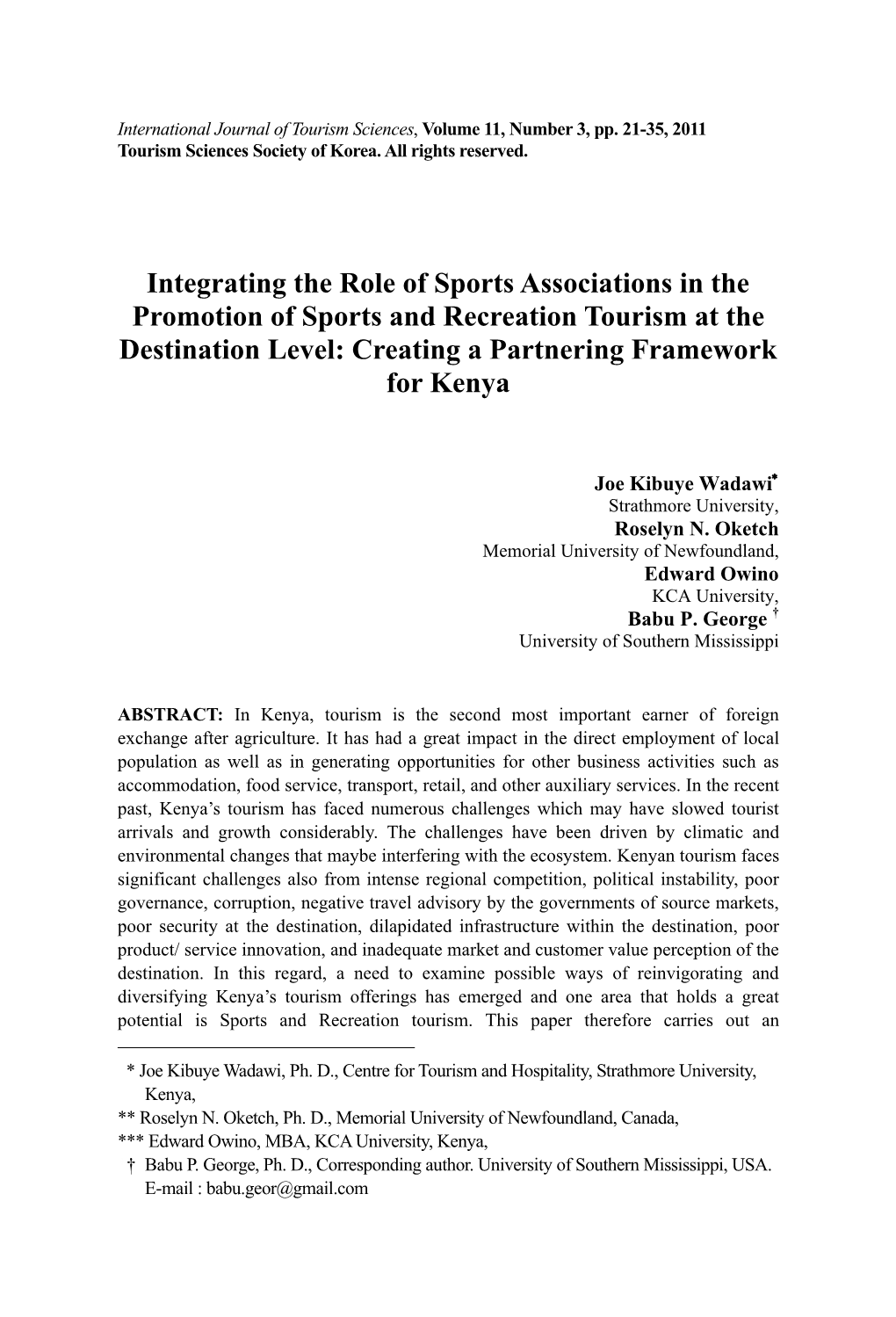 Integrating the Role of Sports Associations in the Promotion of Sports and Recreation Tourism at the Destination Level: Creating a Partnering Framework for Kenya