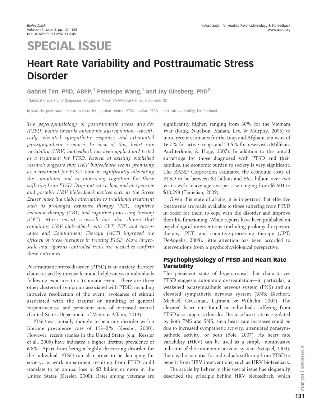 SPECIAL ISSUE Heart Rate Variability and Posttraumatic Stress Disorder