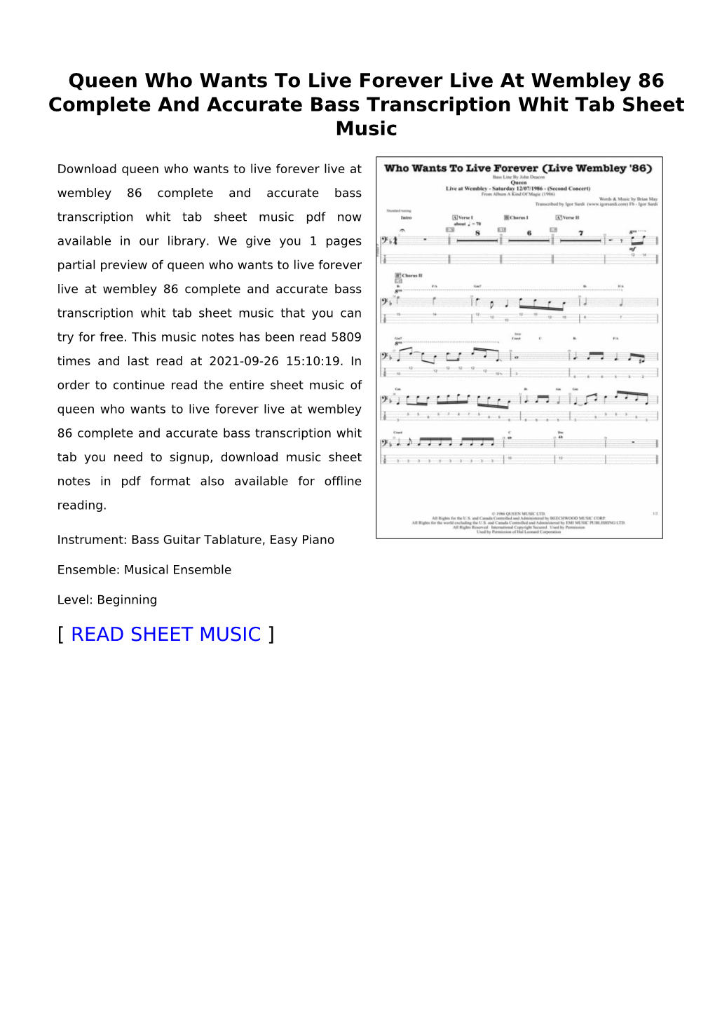 Queen Who Wants to Live Forever Live at Wembley 86 Complete and Accurate Bass Transcription Whit Tab Sheet Music