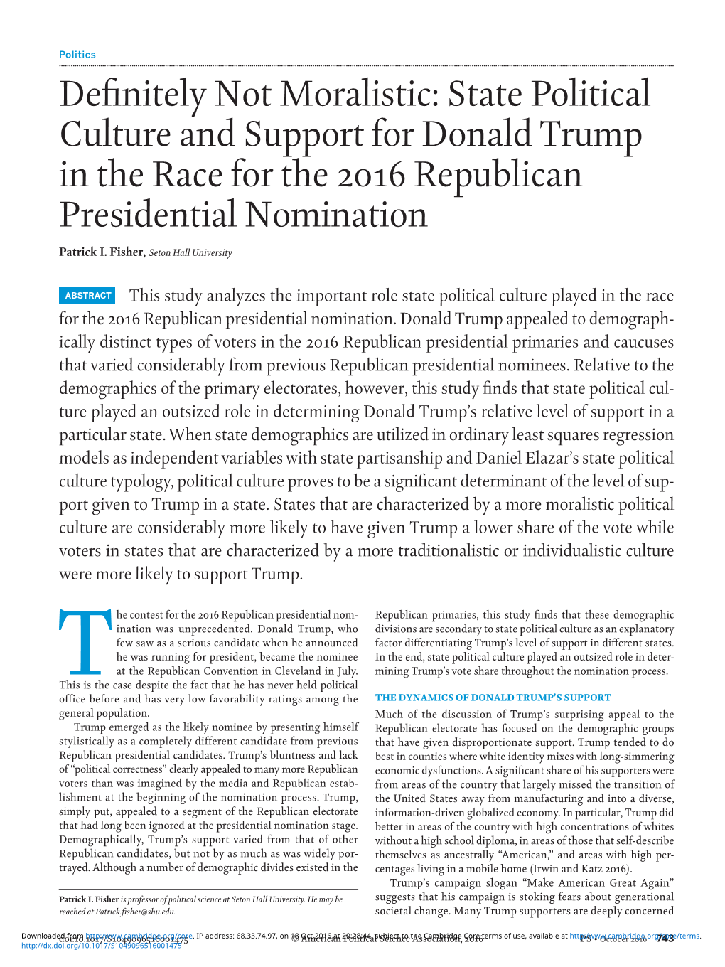 Definitely Not Moralistic: State Political Culture and Support for Donald