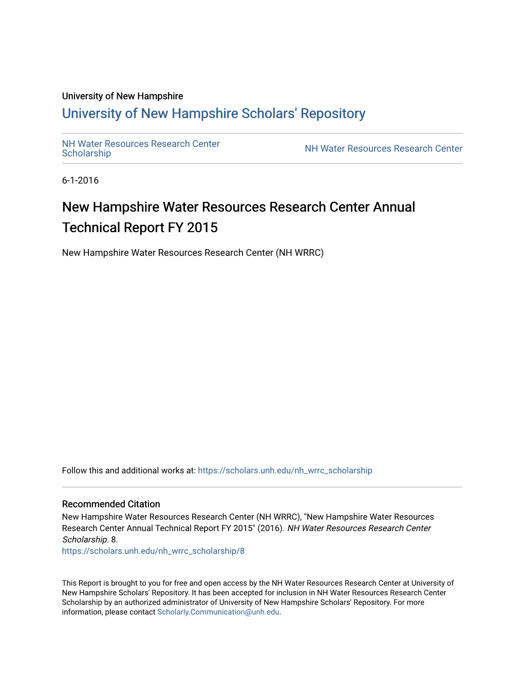 New Hampshire Water Resources Research Center Annual Technical Report FY 2015