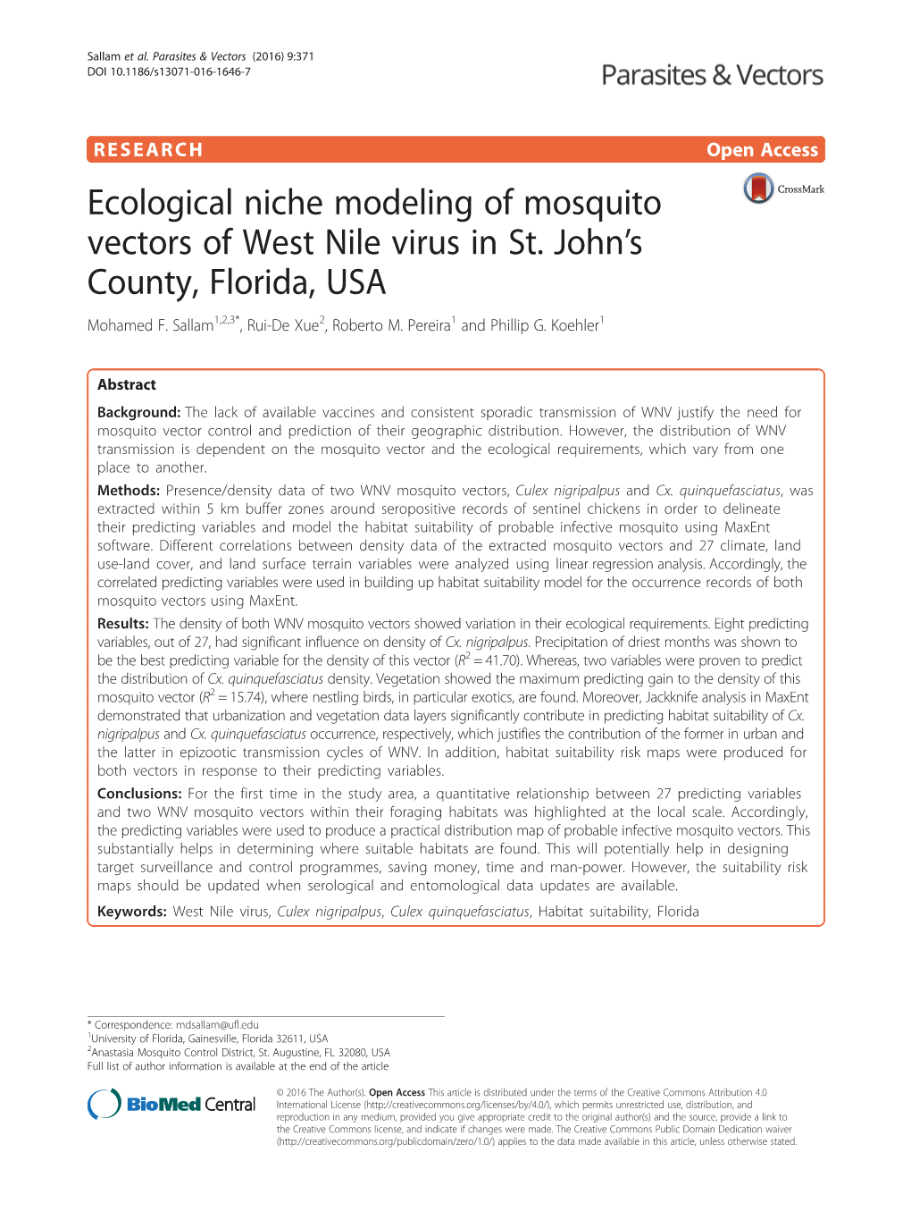 Ecological Niche Modeling of Mosquito Vectors of West Nile Virus in St