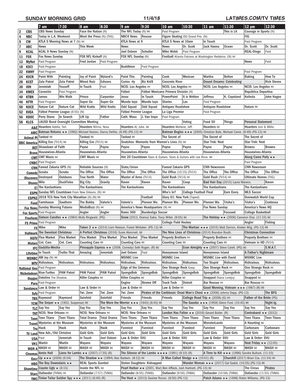 Sunday Morning Grid 11/4/18 Latimes.Com/Tv Times