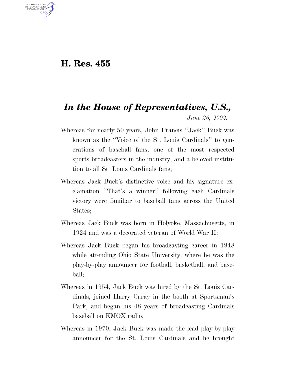 H. Res. 455 in the House of Representatives, U.S