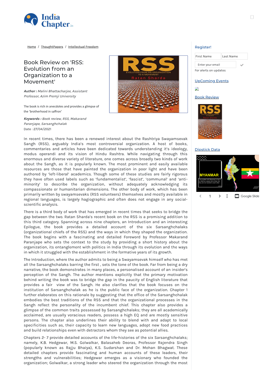 Book Review on 'RSS: Evolution from an Organization to a Movement'