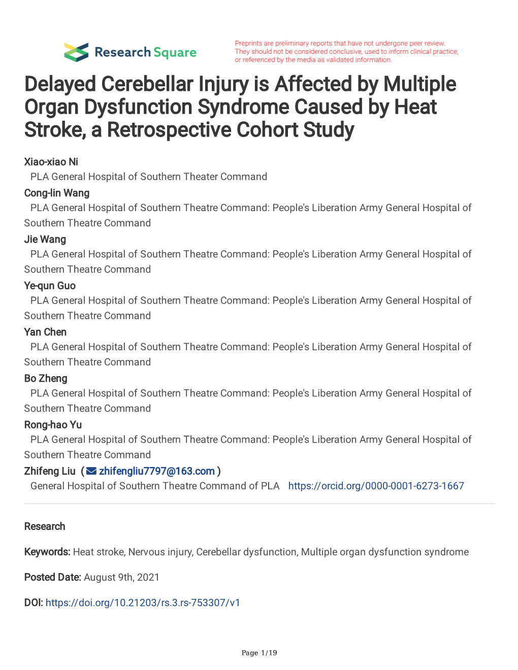 Delayed Cerebellar Injury Is Affected by Multiple Organ Dysfunction Syndrome Caused by Heat Stroke, a Retrospective Cohort Study