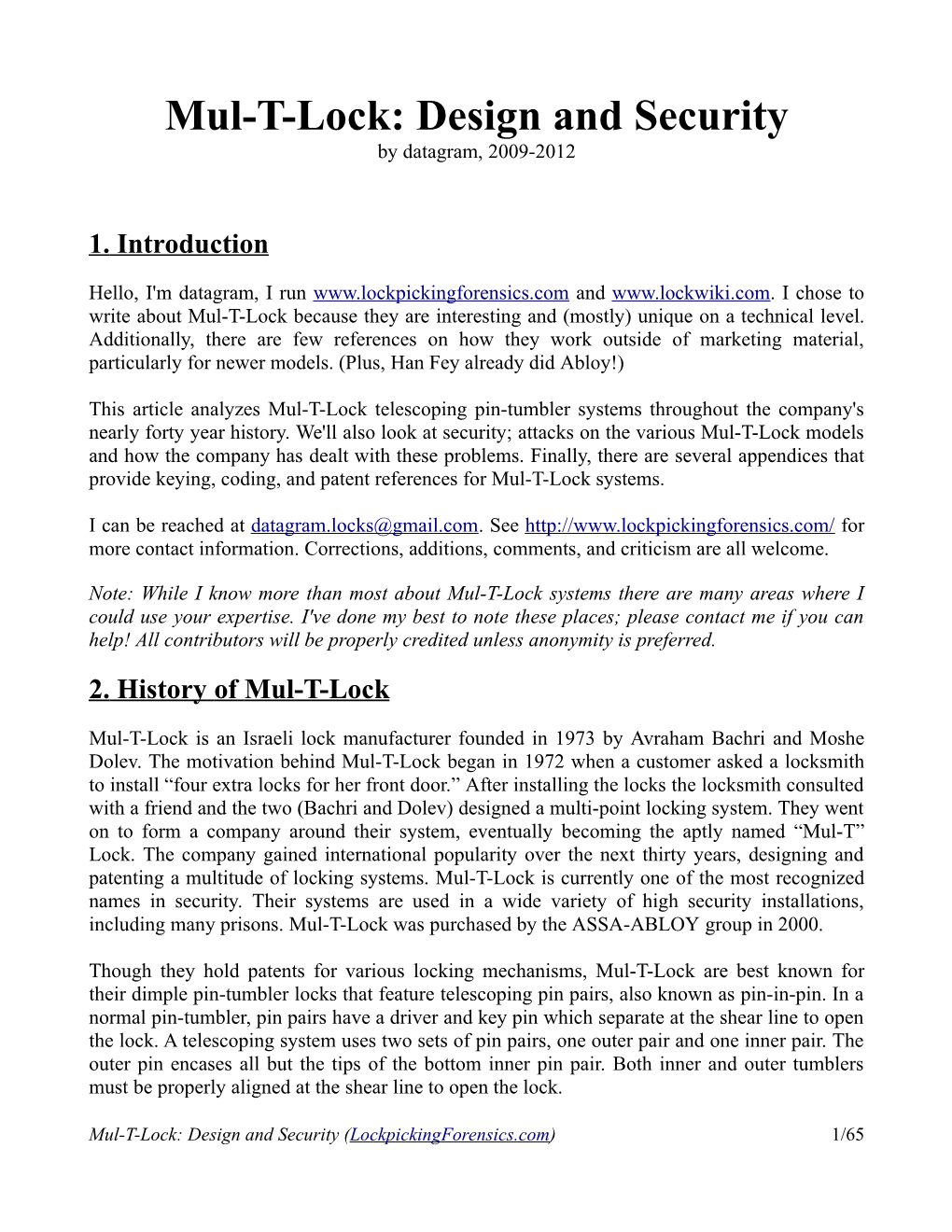 Mul-T-Lock: Design and Security by Datagram, 2009-2012