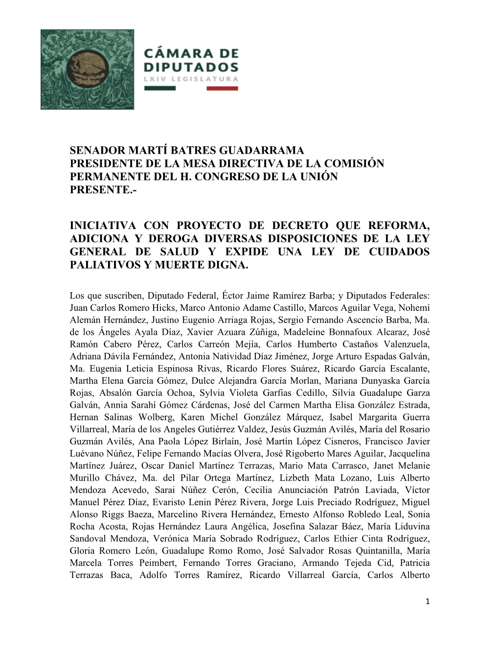 Proyecto De Decreto Que Reforma, Adiciona Y Deroga Diversas Disposiciones De La Ley General De Salud Y Expide Una Ley De Cuidados Paliativos Y Muerte Digna