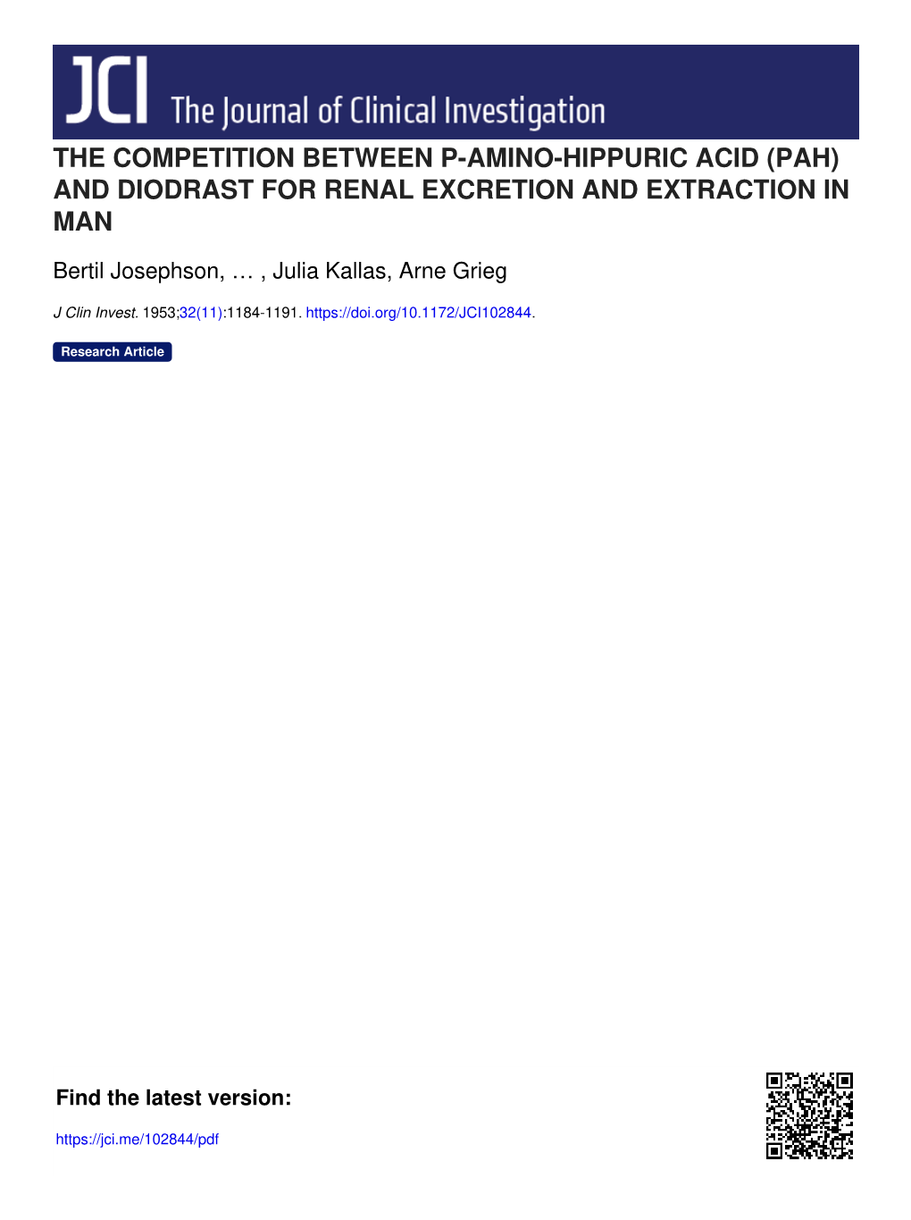 (Pah) and Diodrast for Renal Excretion and Extraction in Man