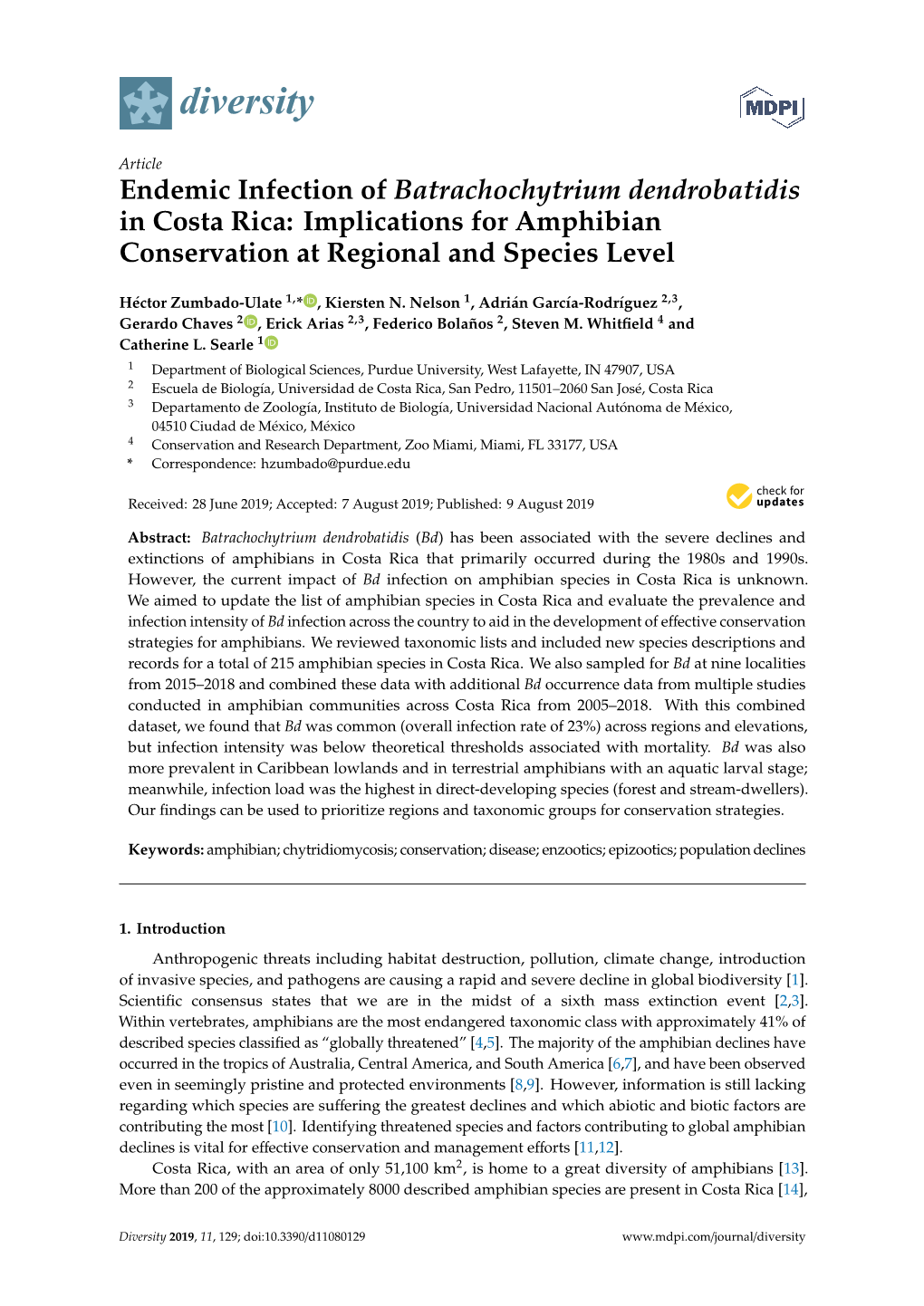 Endemic Infection of Batrachochytrium Dendrobatidis in Costa Rica: Implications for Amphibian Conservation at Regional and Species Level