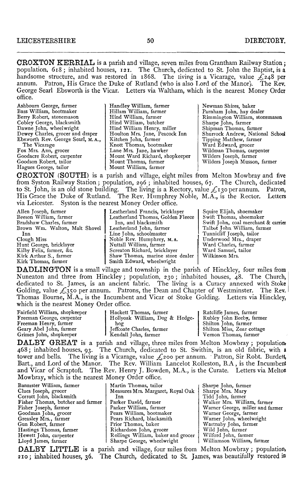 DALBY LITTLE Is a Parish and Village, Four Miles from Melton Mowbray; Population, 210; Inhabited Houses, 36