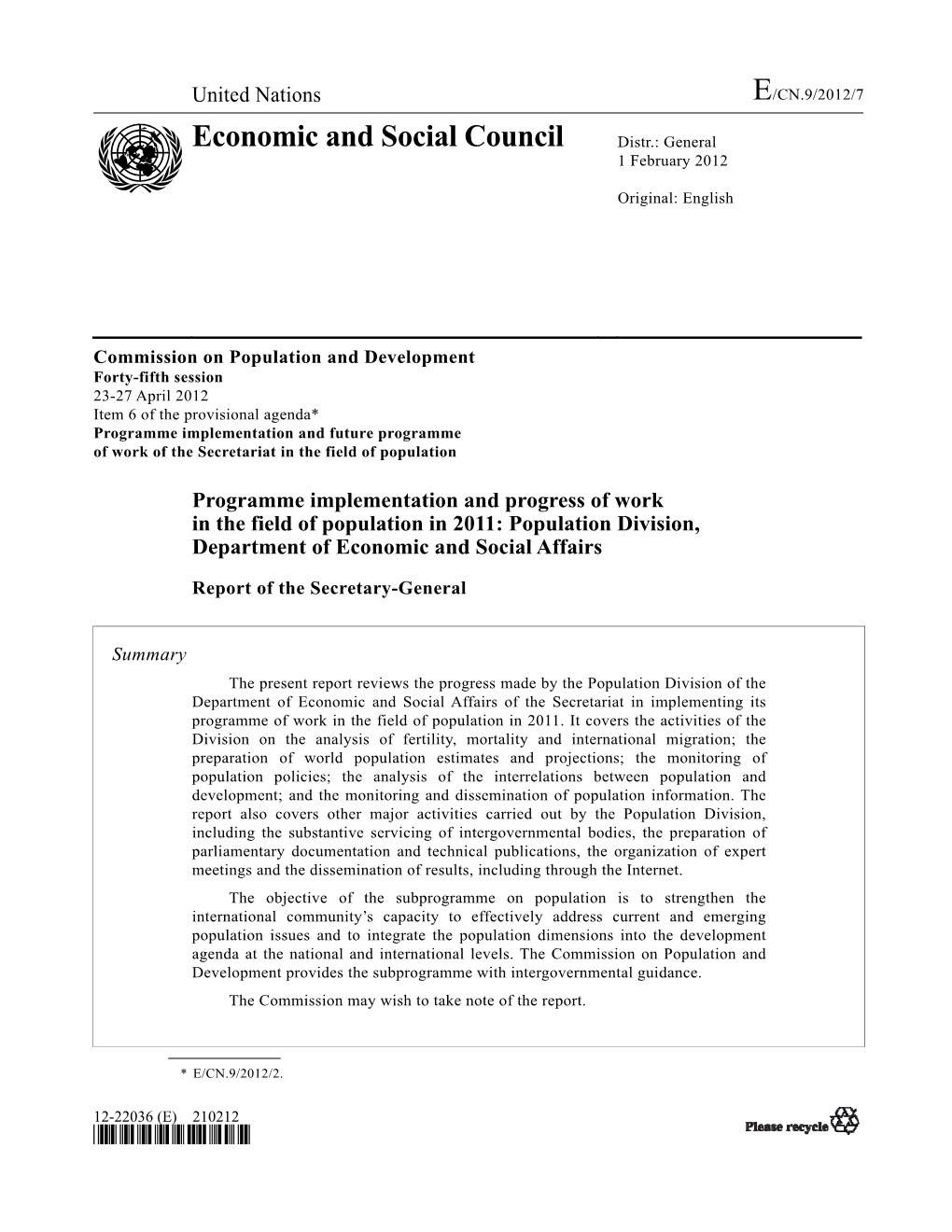 Economic and Social Council Distr.: General 1 February 2012