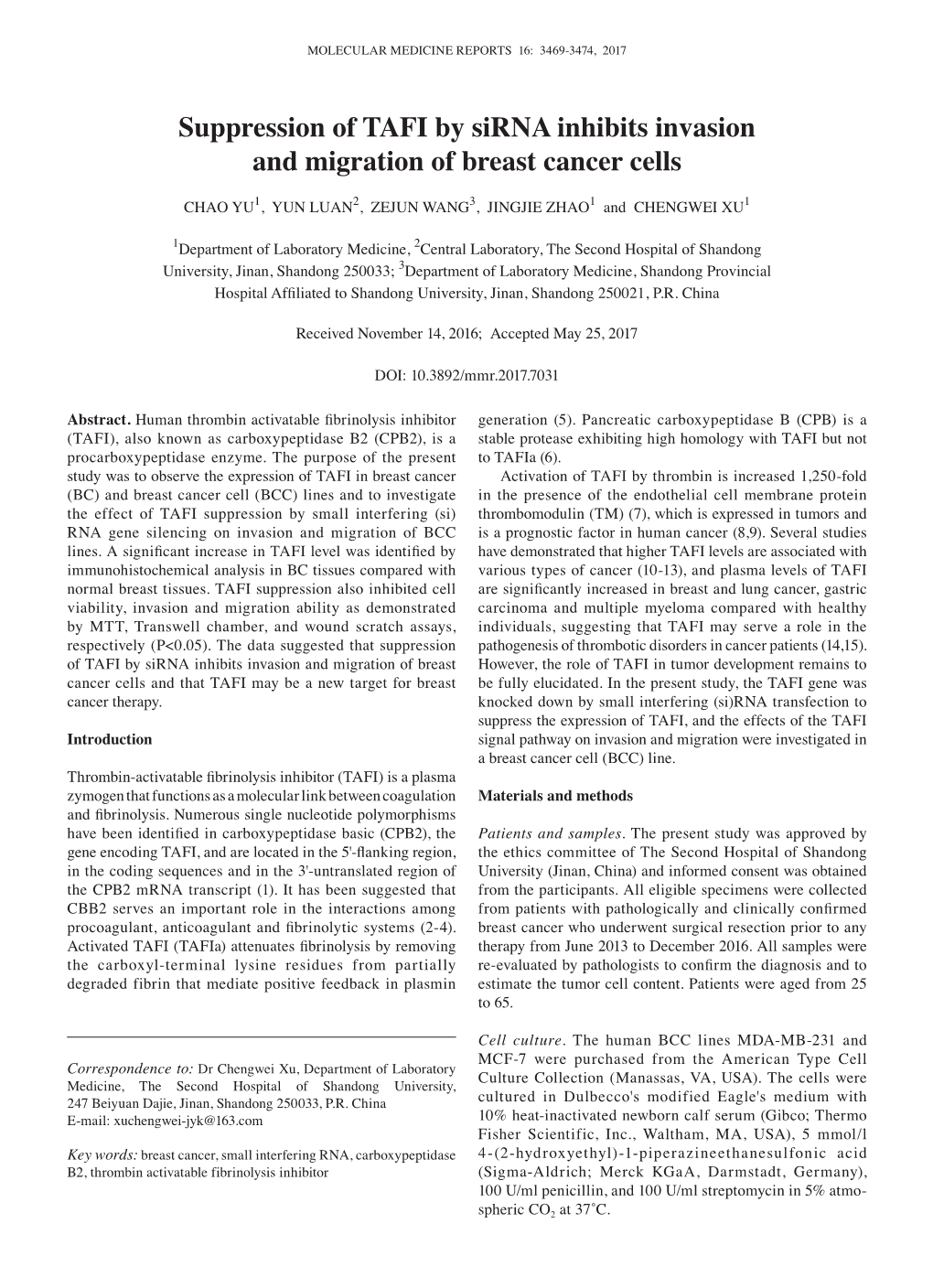 Suppression of TAFI by Sirna Inhibits Invasion and Migration of Breast Cancer Cells