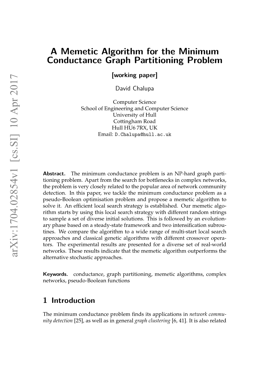 A Memetic Algorithm for the Minimum Conductance Graph Partitioning Problem
