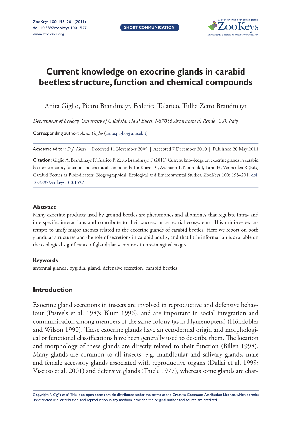 Current Knowledge on Exocrine Glands in Carabid Beetles