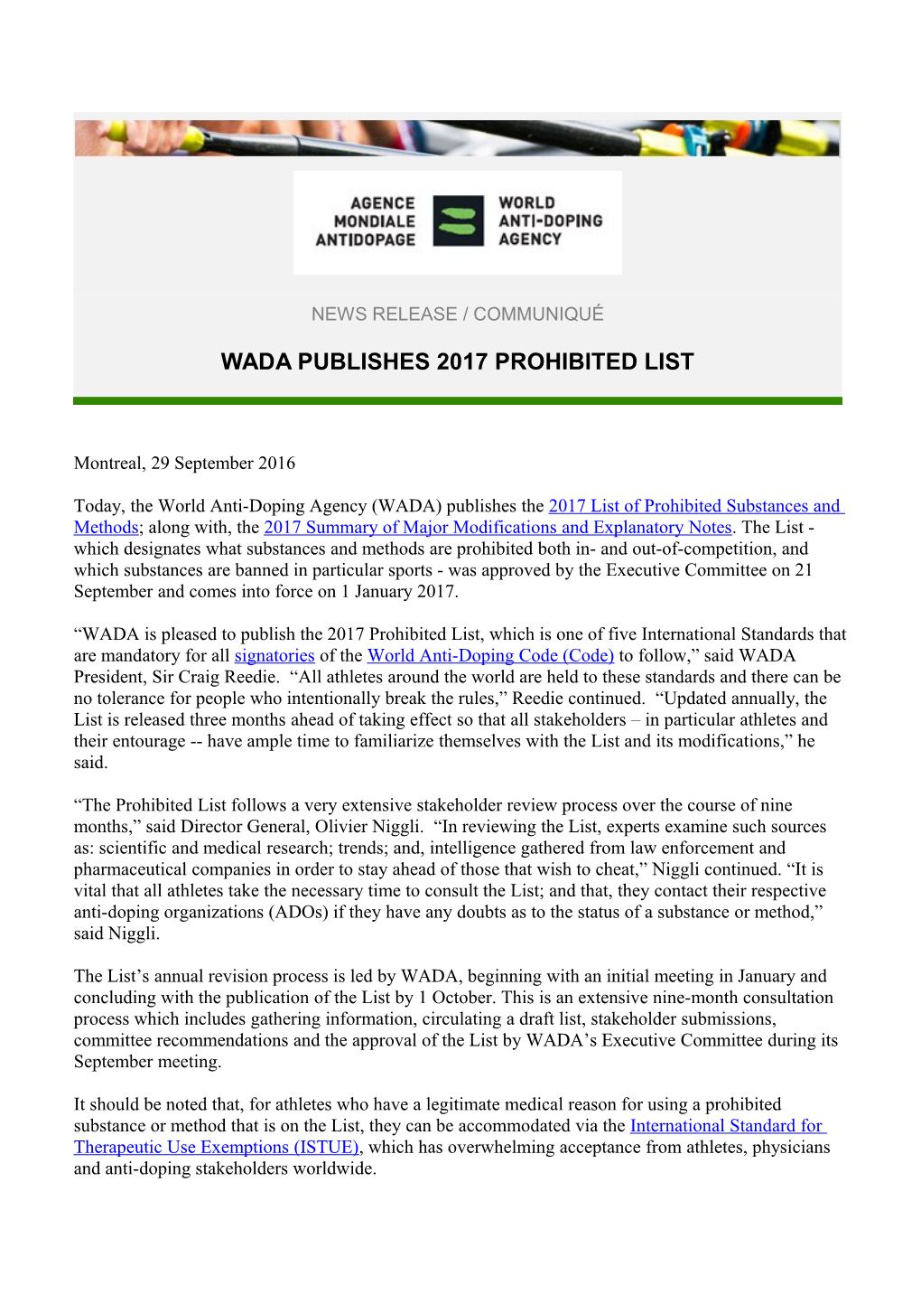 Wada Publishes 2017 Prohibited List