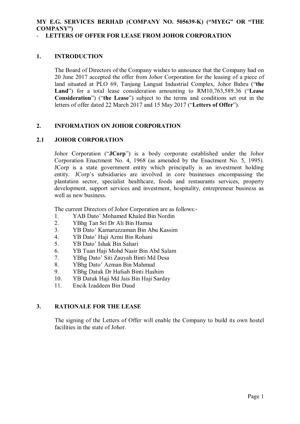 (“Myeg” Or “The Company”) - Letters of Offer for Lease from Johor Corporation