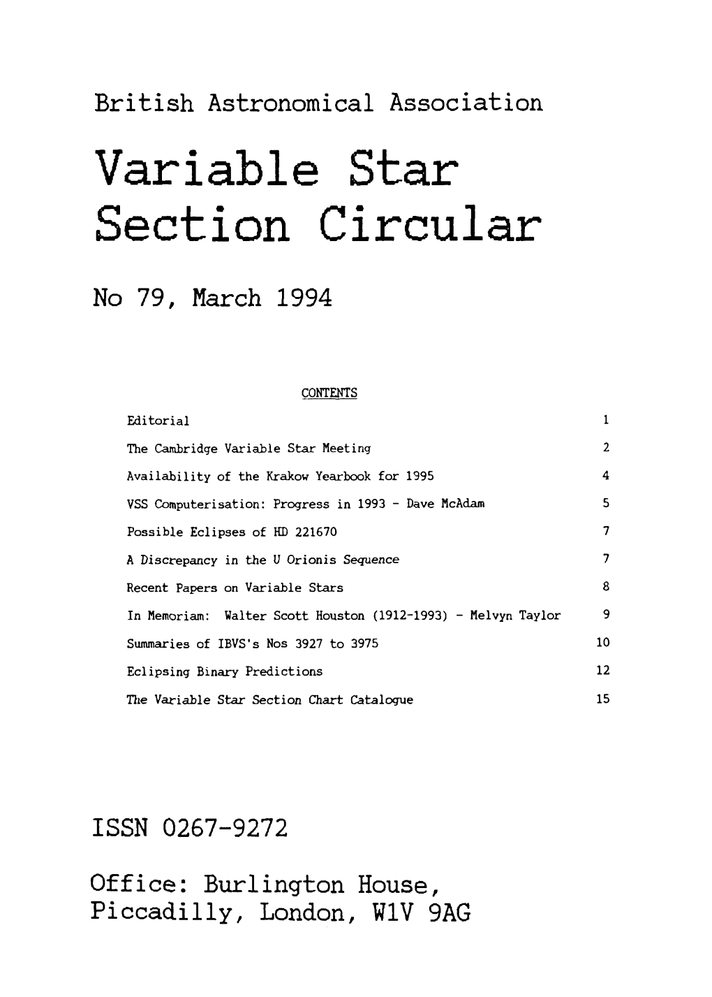 Variable Star Section Circular