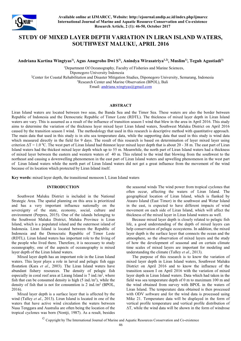 Study of Mixed Layer Depth Variation in Liran Island Waters, Southwest Maluku, April 2016