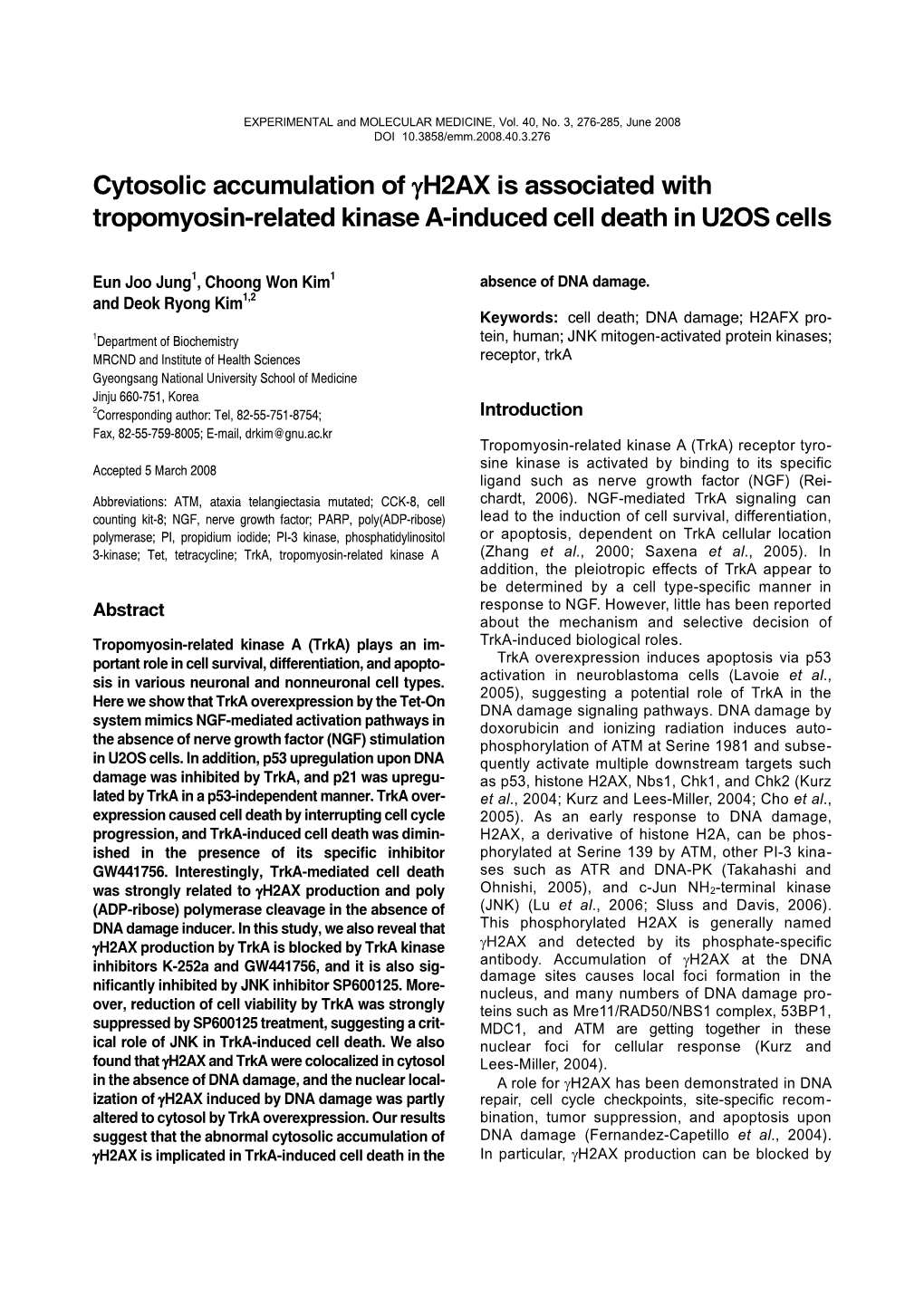 Cytosolic Accumulation of Γh2ax Is Associated with Tropomyosin-Related Kinase A-Induced Cell Death in U2OS Cells