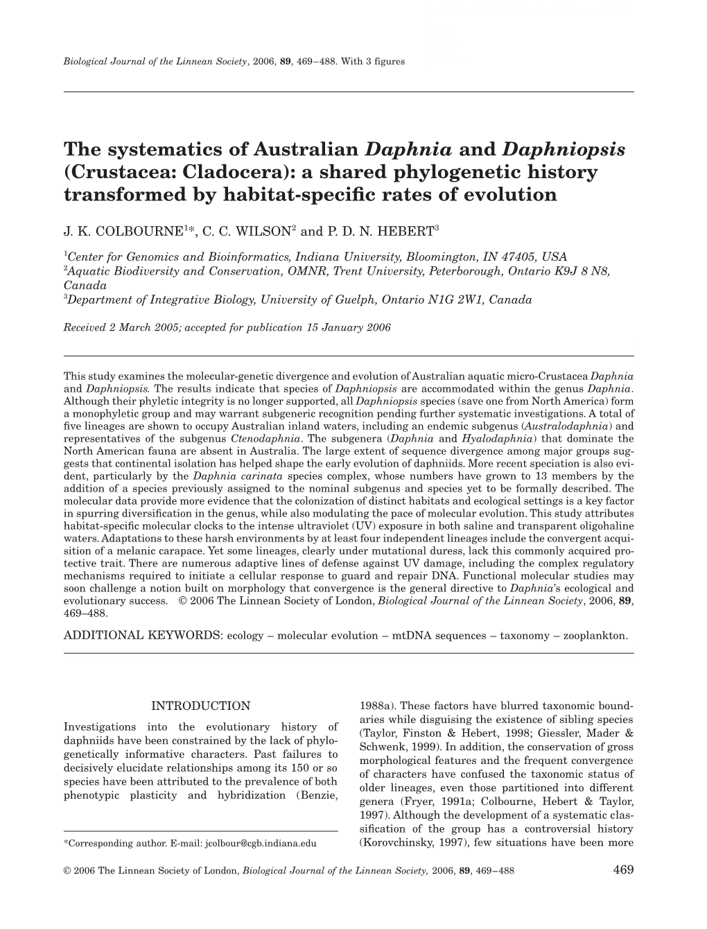 The Systematics of Australian Daphnia and Daphniopsis (Crustacea: Cladocera): a Shared Phylogenetic History Transformed by Habitat-Speciﬁc Rates of Evolution