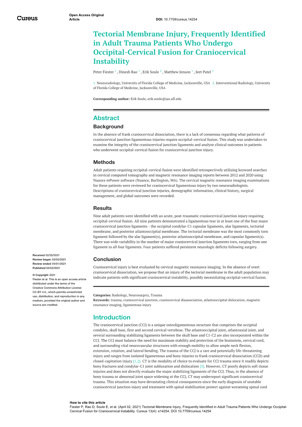 Tectorial Membrane Injury, Frequently Identified in Adult Trauma Patients Who Undergo Occipital-Cervical Fusion for Craniocervical Instability