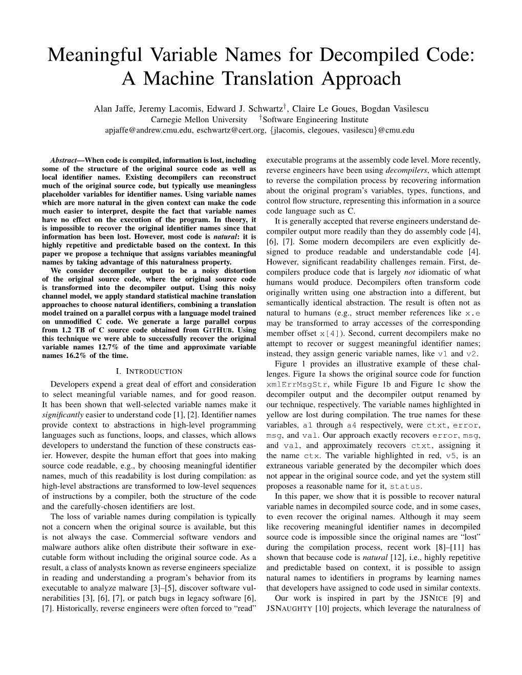 Meaningful Variable Names for Decompiled Code: a Machine Translation Approach