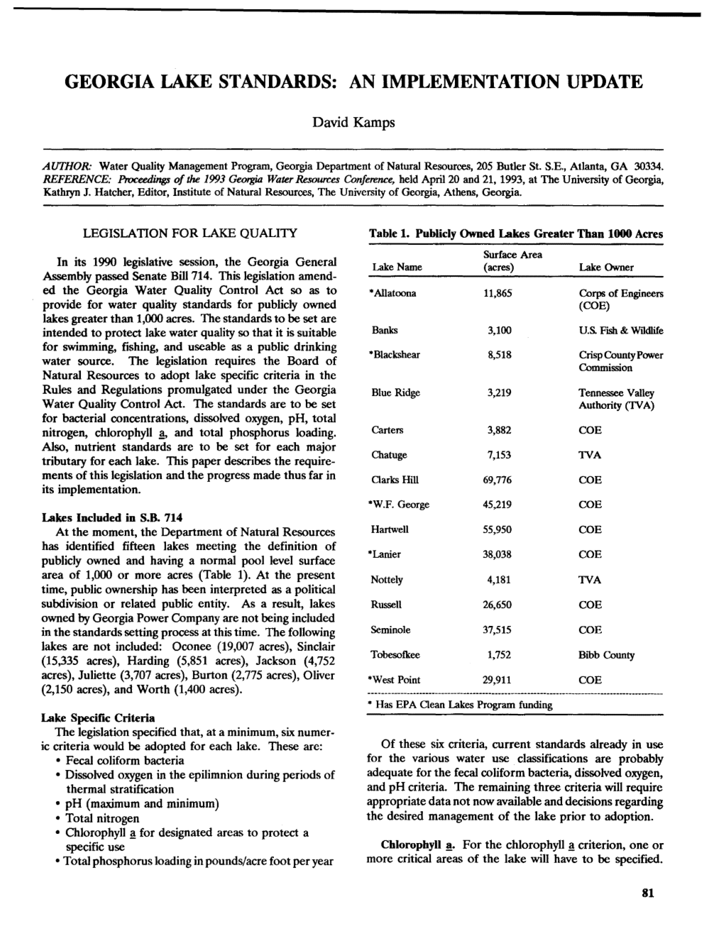 Georgia Lake Standards: an Implementation Update