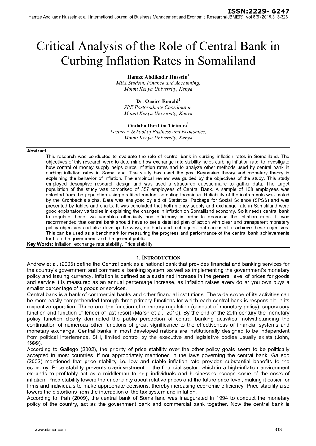 Critical Analysis of the Role of Central Bank in Curbing Inflation Rates in Somaliland