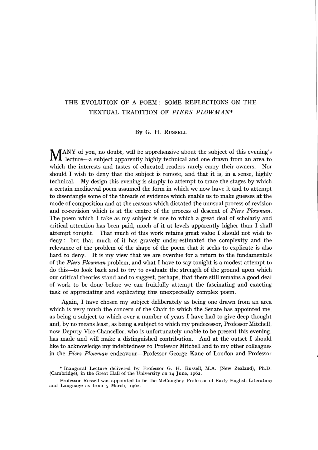 The Evolution of a Poem: Some Reflections on the Textual Tradition of Piers Plowman*