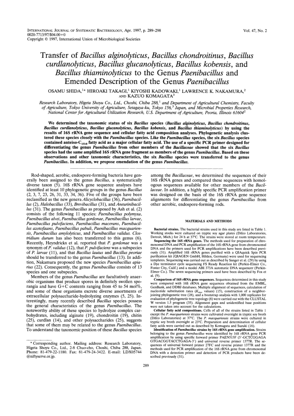 Transfer of Bacillus Alginolyticus, Bacillus Chondroitinus, Bacillus