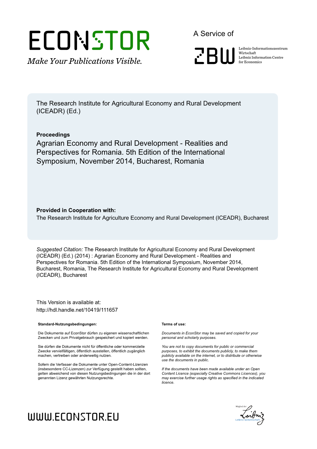 Agrarian Economy and Rural Development - Realities and Perspectives for Romania