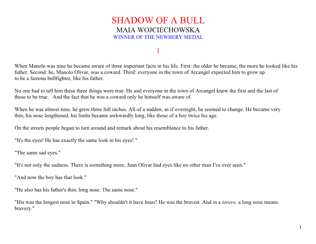 Shadow of a Bull Maia Wojciechowska Winner of the Newbery Medal