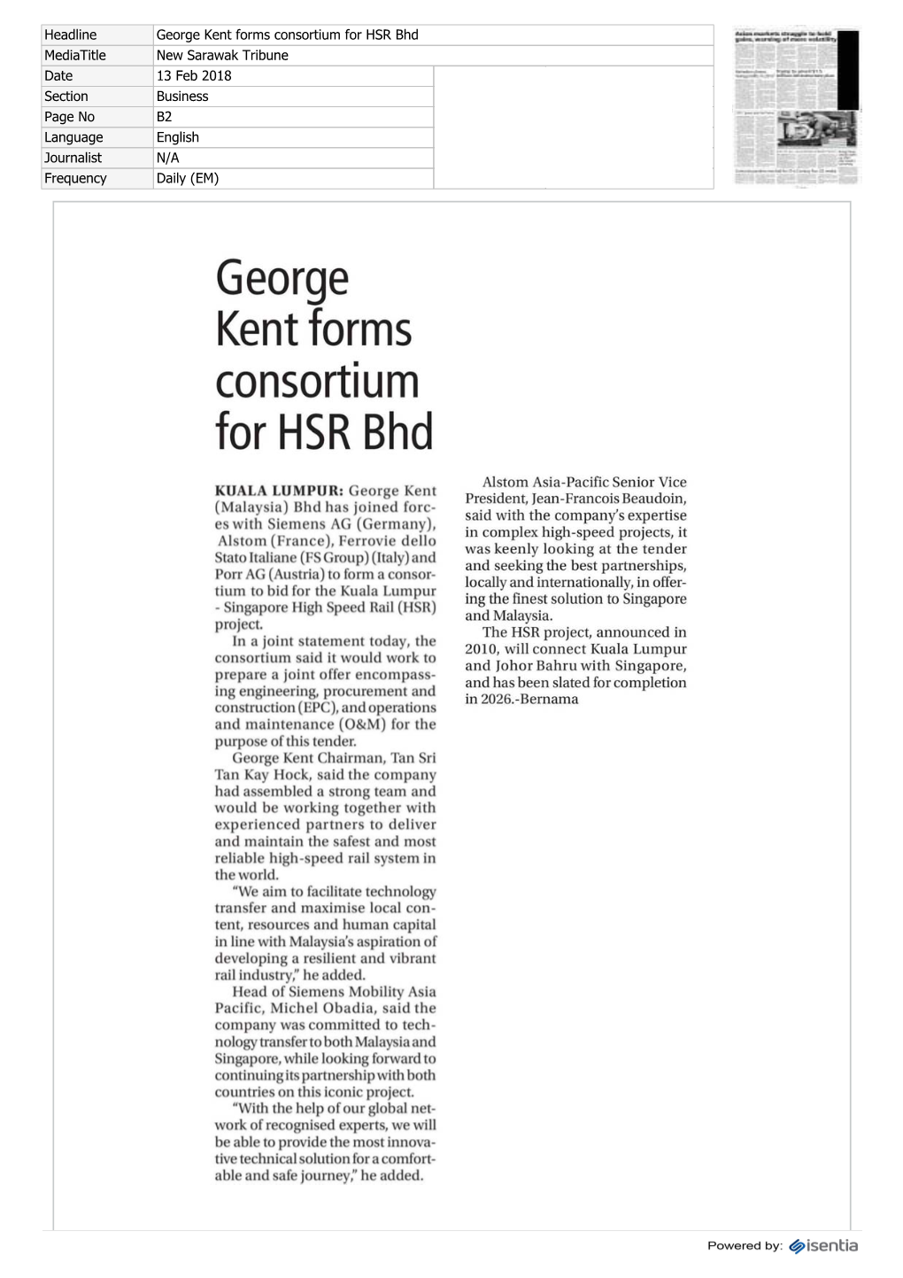 New Sarawak Tribune-George Kent Forms Consortium for HSR