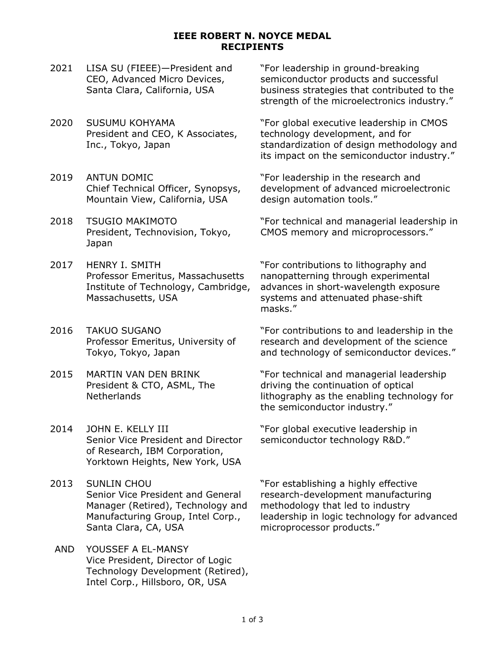 Ieee Robert N. Noyce Medal Recipients