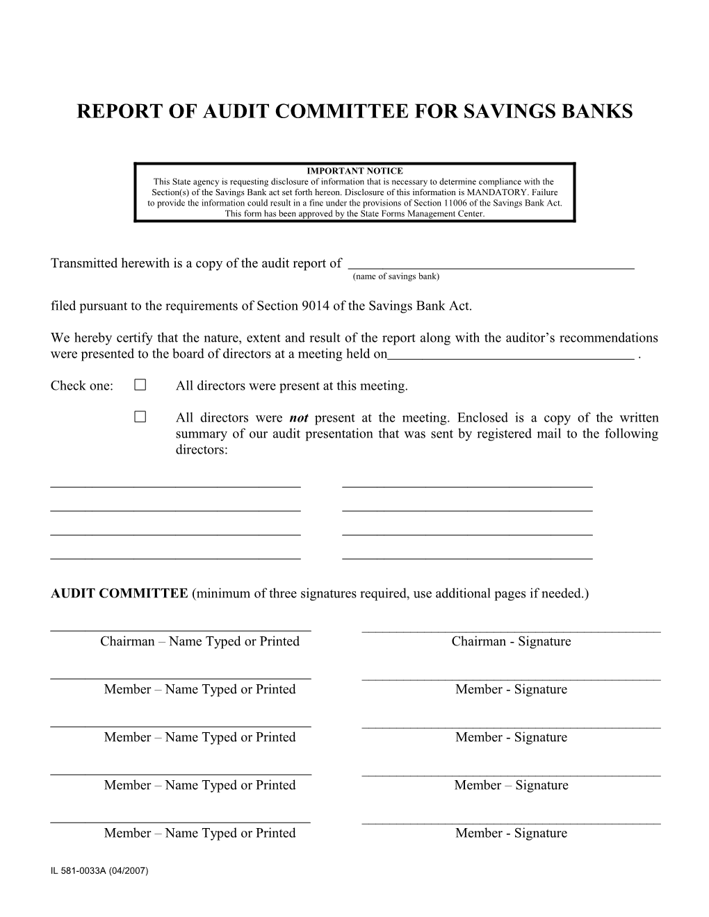 Report of Audit Committee for Savings Banks