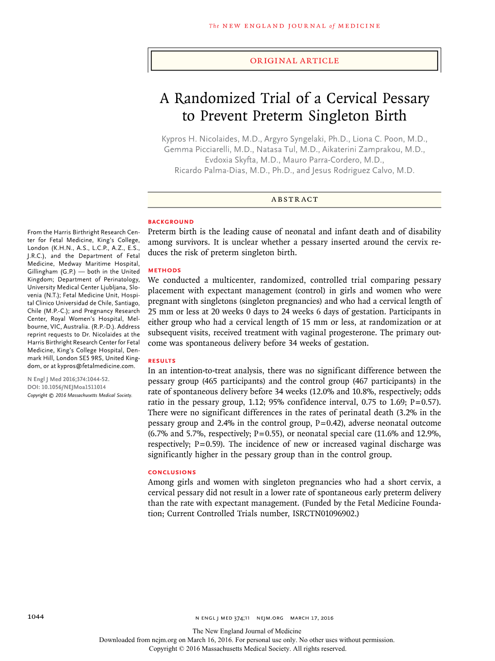 A Randomized Trial of a Cervical Pessary to Prevent Preterm Singleton Birth