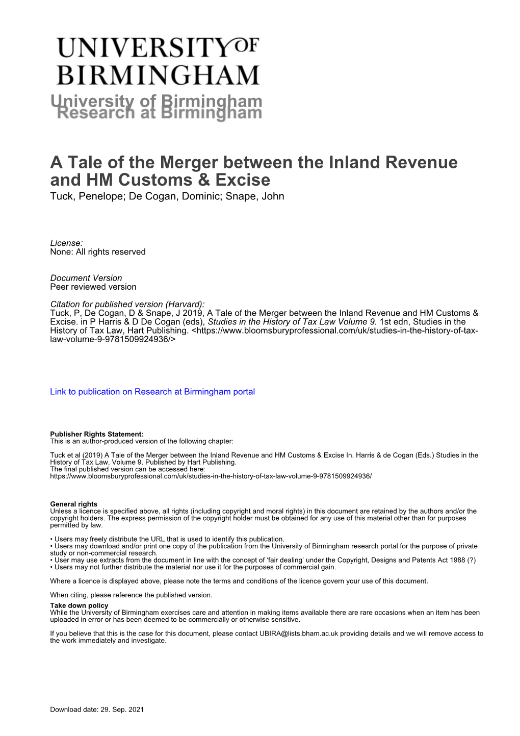 University of Birmingham a Tale of the Merger Between the Inland Revenue and HM Customs & Excise