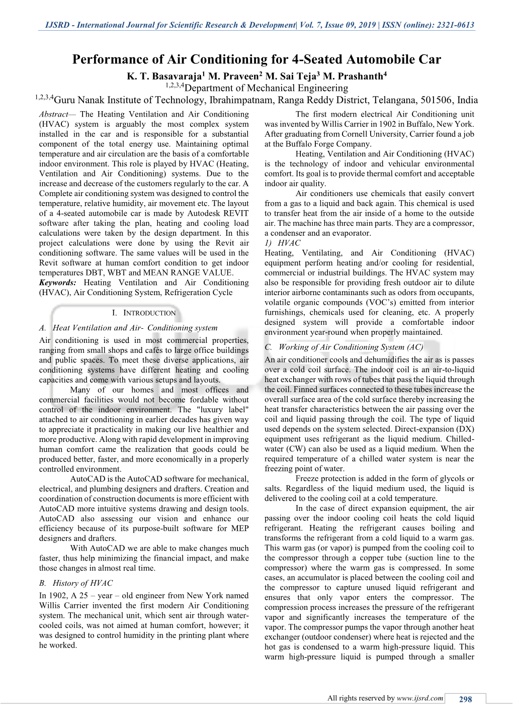 Performance of Air Conditioning for 4-Seated Automobile Car K