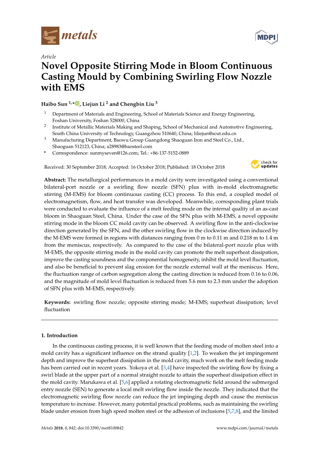 Novel Opposite Stirring Mode in Bloom Continuous Casting Mould by Combining Swirling Flow Nozzle with EMS