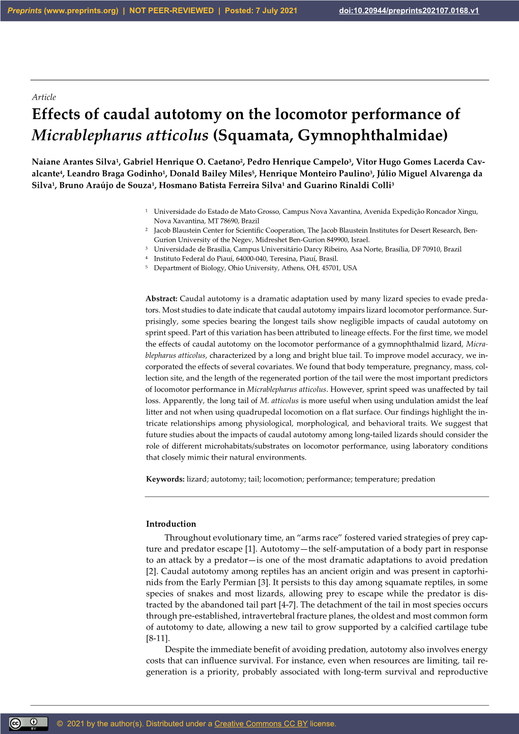 Effects of Caudal Autotomy on the Locomotor Performance of Micrablepharus Atticolus (Squamata, Gymnophthalmidae)