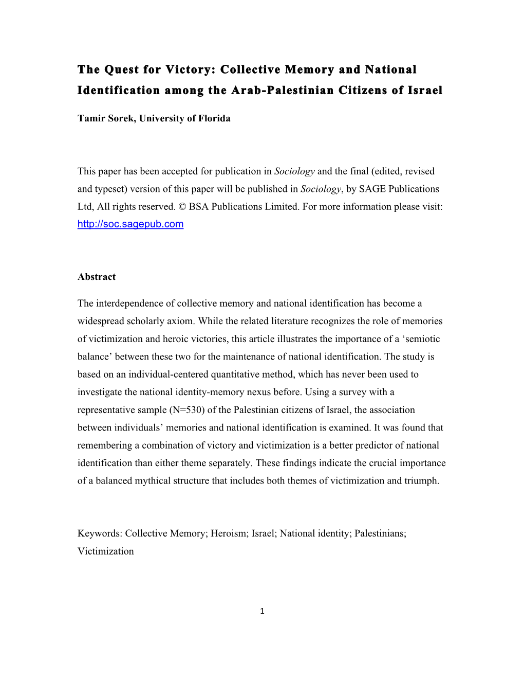 The Quest for Victory: Collective Memory and National Identification Among the Arab-Palestinian Citizens of Israel