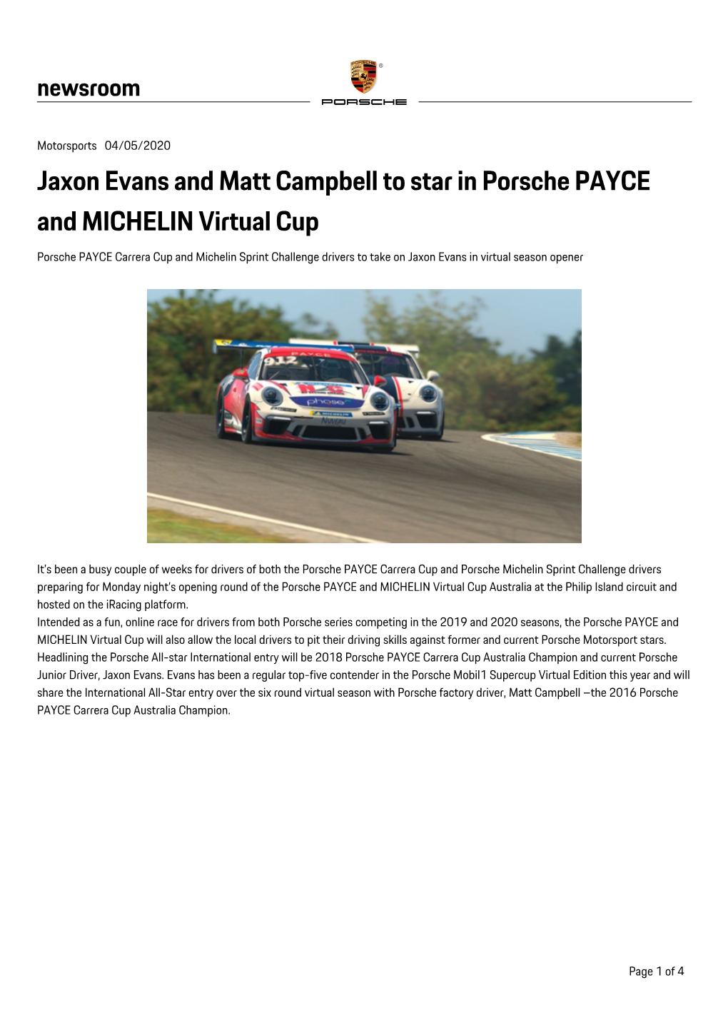 Jaxon Evans and Matt Campbell to Star in Porsche PAYCE and MICHELIN Virtual