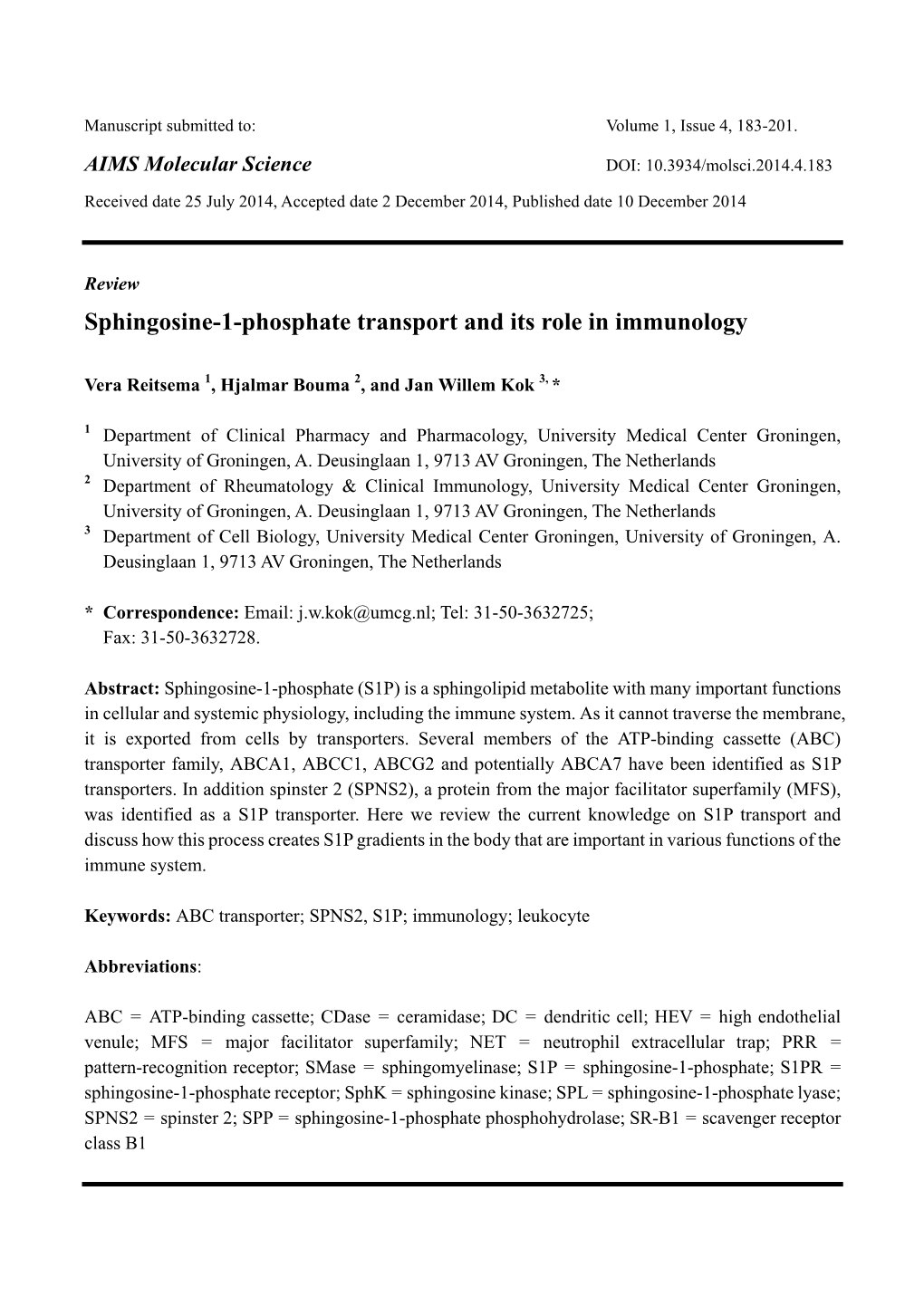 Sphingosine-1-Phosphate Transport and Its Role in Immunology