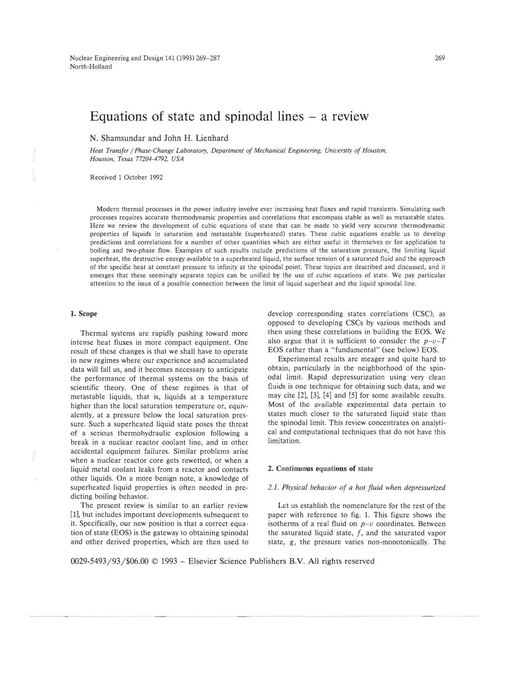 Equations of State and Spinodal Lines a Review